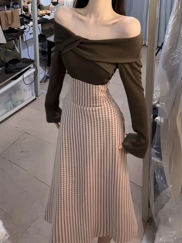 

Retro Beautiful Plaid Knitted Dr Waist Cinched Unique Splice Skirt for Women Autumn Long Sve High Waist A-Line Dr