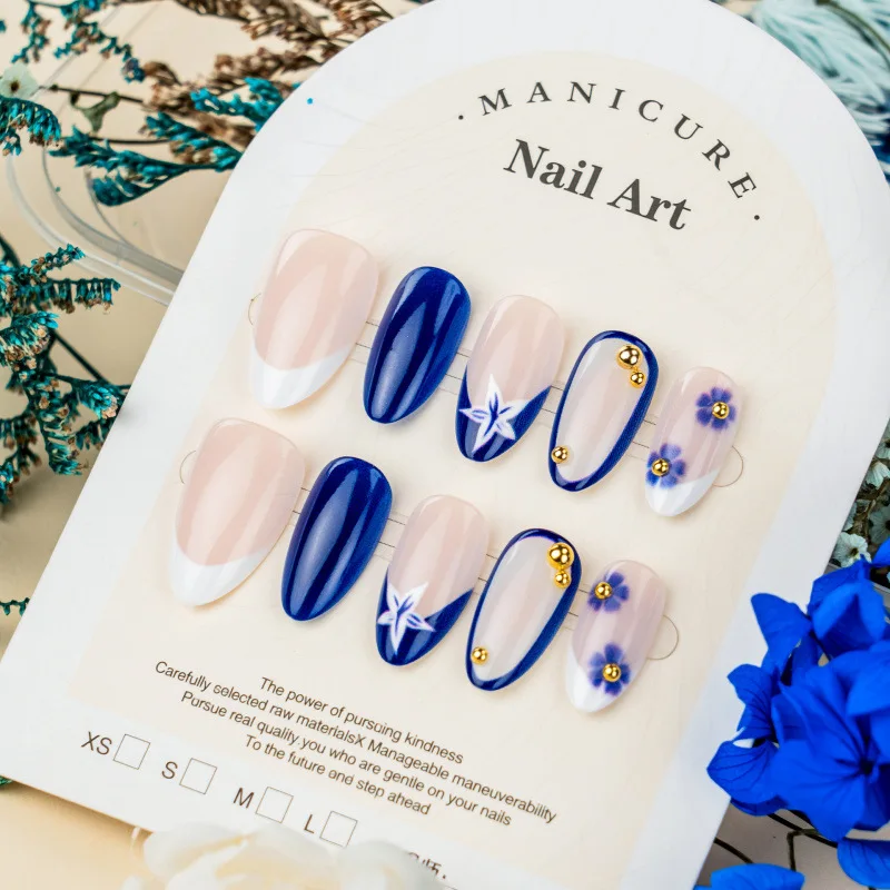 30Pcs Popular Almond French Press On Nails, Blue Flower Handmade Rhinestone Decor Reusable False Nail Tips
