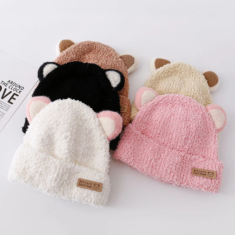 Cartoon Baby Plush Hat Winter Warm Coral Fleece Beanie Cap for Toddler Boy Girl Solid Color Cute Cat Ears Kids Knitted Hats