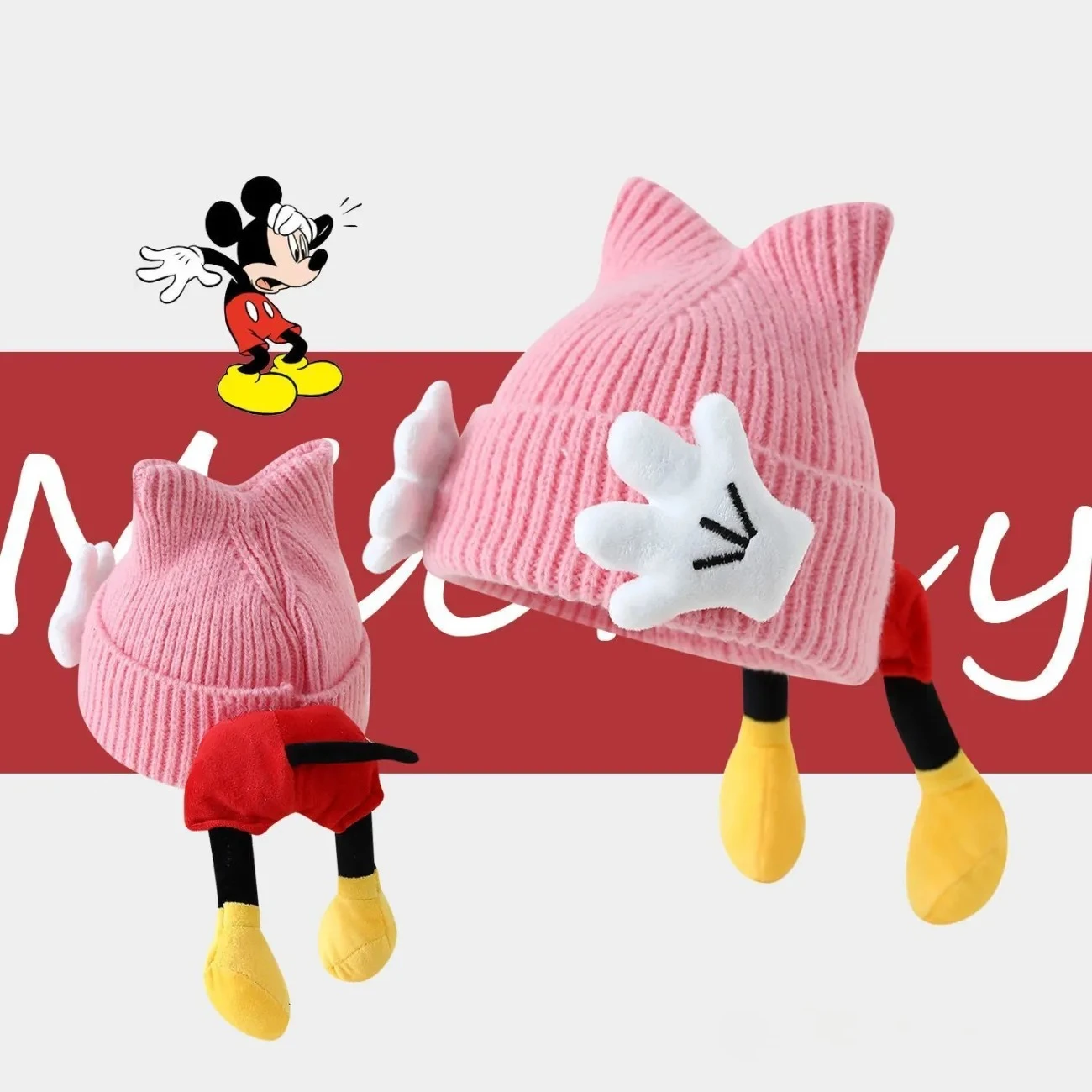 

Children's Knitted Hat with Mickey Mouse Ears Warm Winter Beanie Comfortable Winter Headwear with Plush Details MINISO Disney