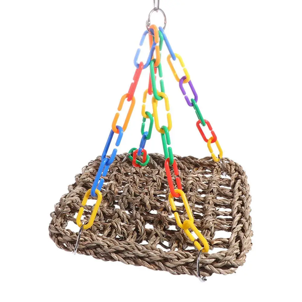 Parrot Swing Toys Parrots Cage Hanging Foraging Chew Bird Toy Seagrass Mat Colorful Parts For Exercise Birds Cage Accessories