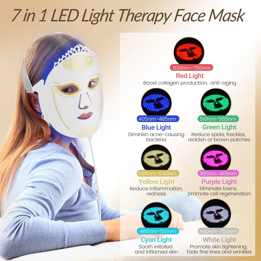 7 in Colors Red Light Mask Led Face Therapy Device Pdt Phototheray for Wrinkles Fine Lines Acne Blemishes Anti-Aging Whitening