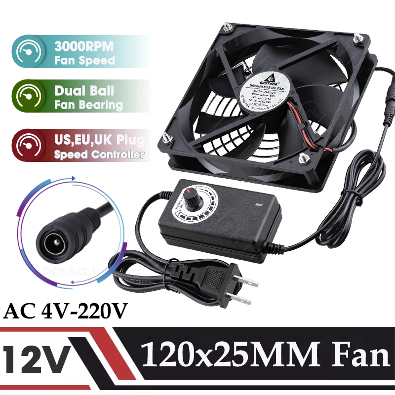 

Gdstime CPU Cooler 12V 120MM Fan 220V Universal DIY Server Cabinet Fan 12025 Case Fan 240V Power Adjustable Speed PC Accessorie