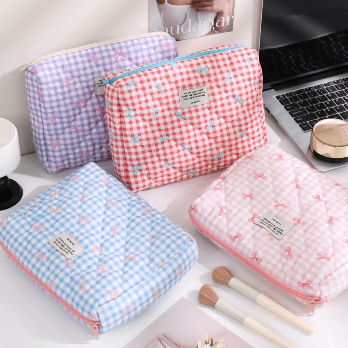

Large Capacity Makeup Bag Bow Plaid Print Cosmetics Bag Sundry Storage Bags Portable Organizer Bags for Travel Toiletries
