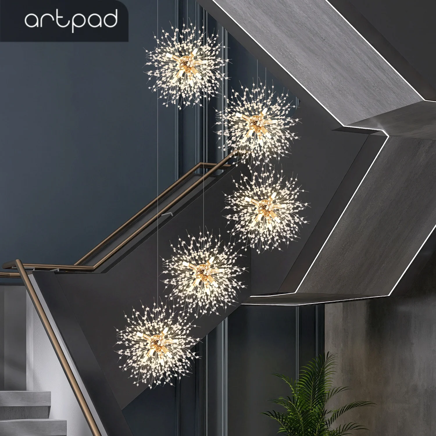 Modern Firework Chandelier for Staircase Loft Vila Living Room Silver Nordic Long Lustre Hanging LED Sputnik Chandelier Lobby