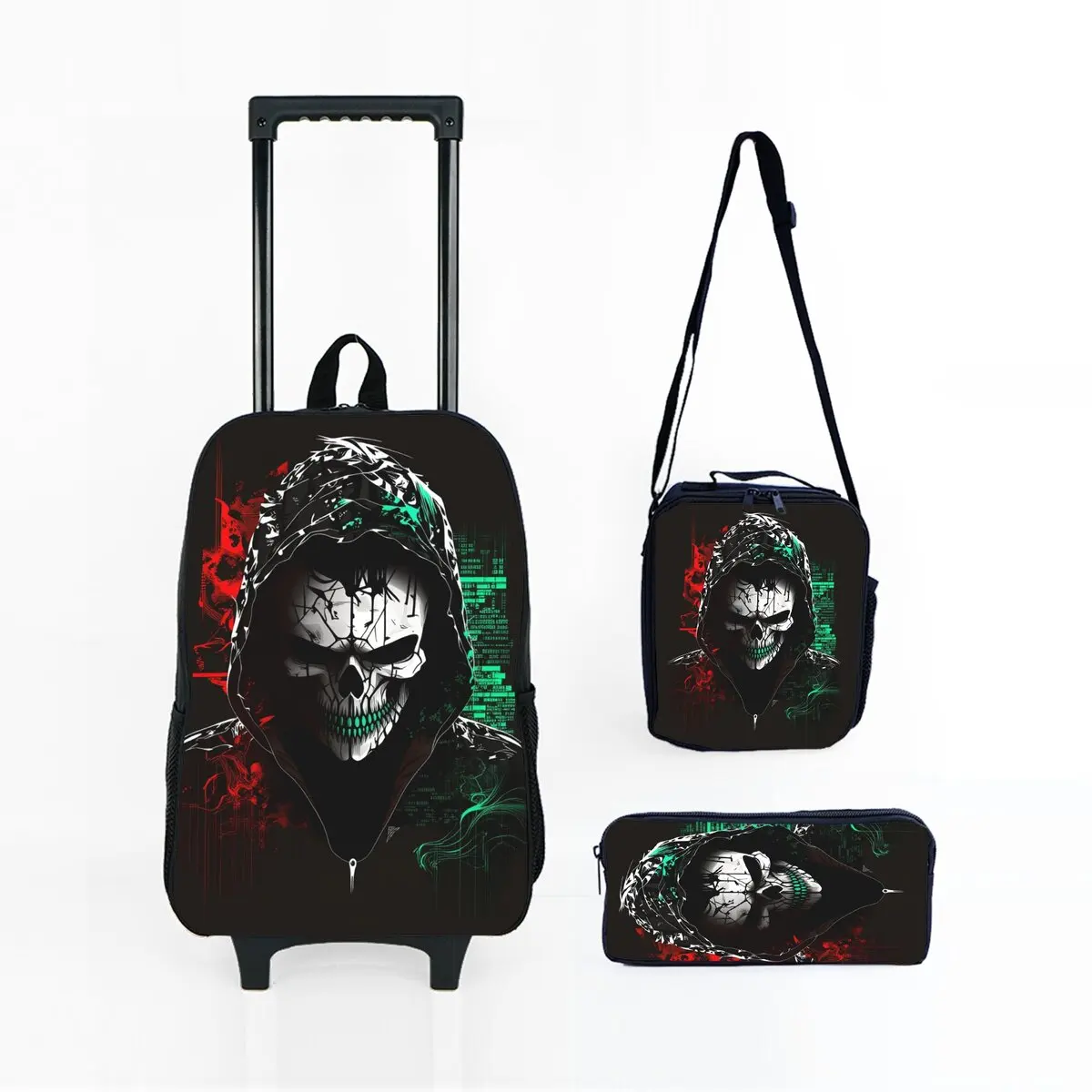 

Набор школьных сумок на колесиках с принтом «Скелет Джокер»: рюкзак-тележка, сумка для обеда и пенал на колесиках для девочек/мальчиков