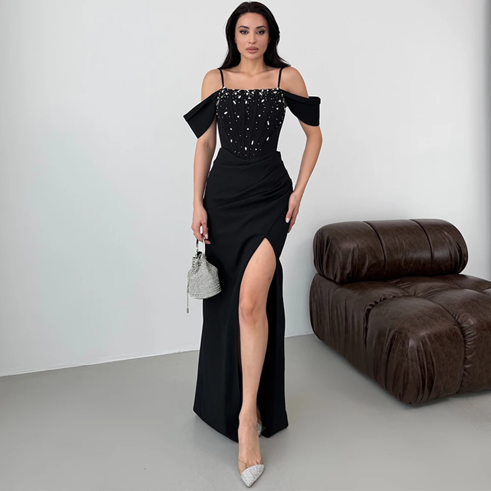 

Sexy Jersey Mermaid Evening Dress Delicate Crystal Prom Dresses Luxury Sweep Train Beading Customized Special Occasion Gowns