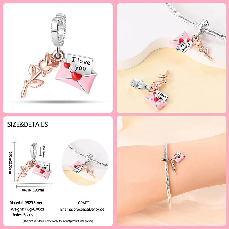 925 Sterling Silver Romantic Couple Rose Valentine\'s Day Charms Beads Fit Qikaola 925 Original Bracelets Fine DIY Jewelry Gifts