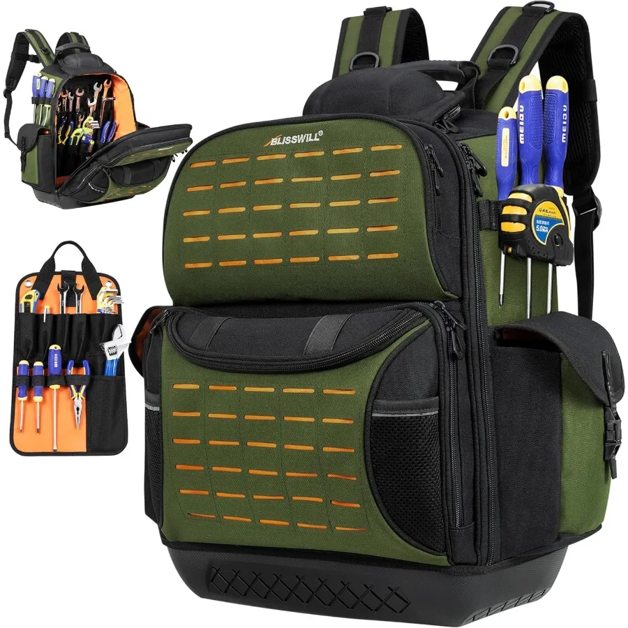 

Tool Bag Backpack for Men Heavy Duty Tool Backpack with Waterproof Molded Base 62 Pockets 40 Loops Heavy Duty Tools O