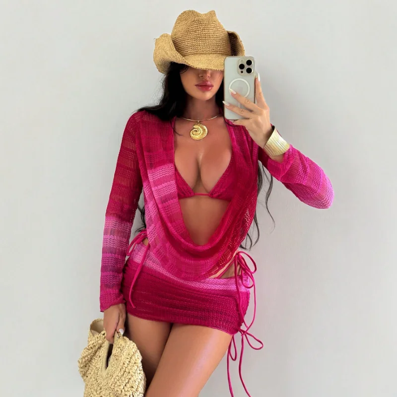 Women's Fashion Tie Dye Bikini Set 4 Piece Set Mesh Long Sleeve Bathing Suit Pleated Skirt Side Ruched Swimsuit Set Beachwear