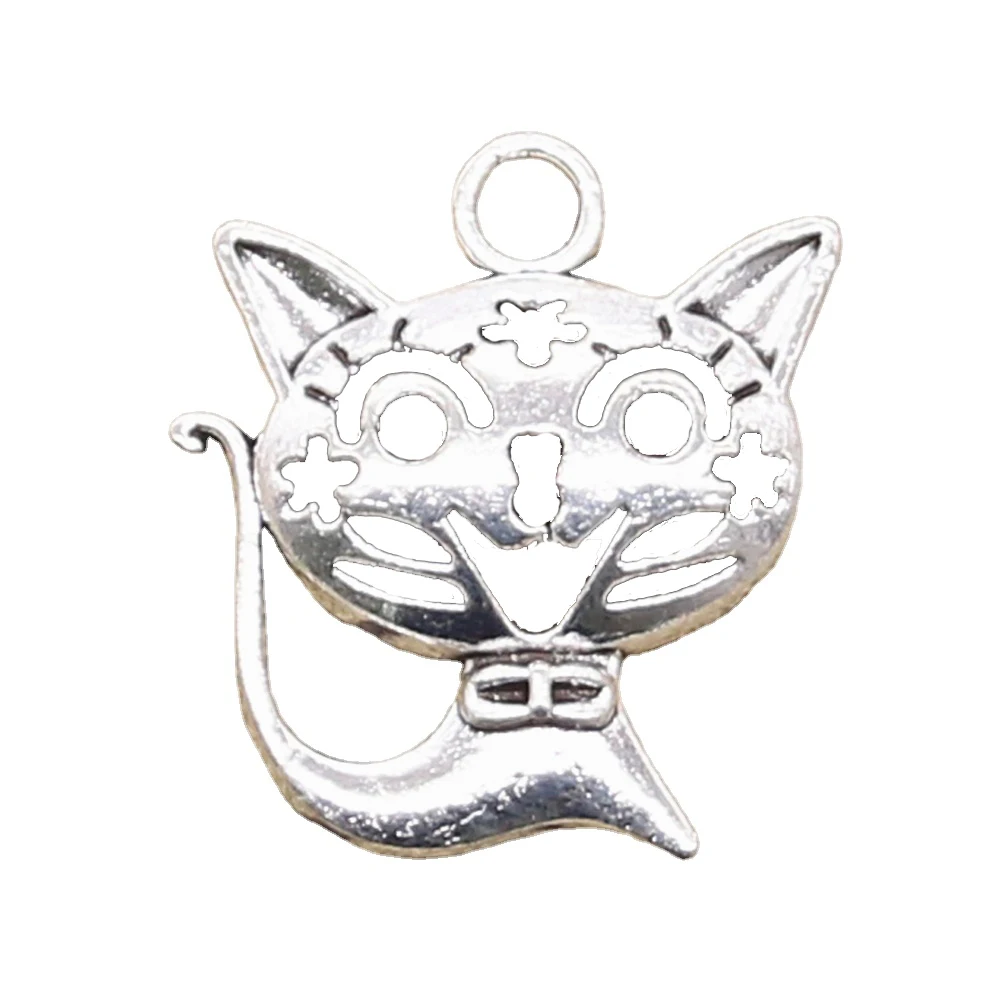 8pcs Charms Hollow Smile Star Cat 24x21mm Antique Silver Color Pendants Making DIY Handmade Tibetan Finding Jewelry