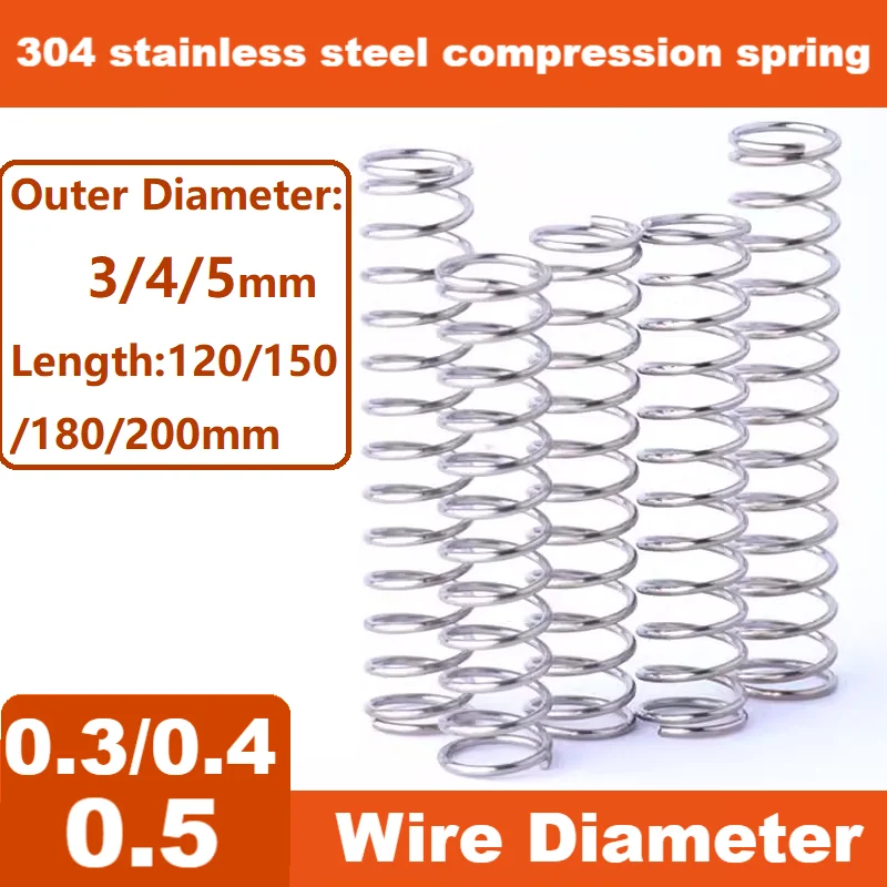 304 stainless steel compression spring,Return spring,WireDia0.3/0.4/0.5mm,Outer Dia3/4/5mm,Length120/150/180/200mm.