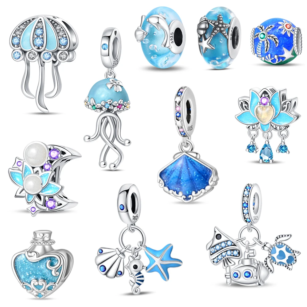 Oryginalna seria Summer Ocean Octopus & Turtle & Murano Glass Charm Pasuje do bransoletki Pandora ze srebra próby 925, biżuterii dla dzieci na prezent