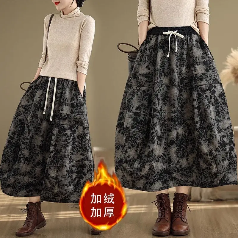 2024 Autumn/Winter Loose Elastic Waist Tie Cowboy Skirt Women's Plush Retro Style Fashion Casual Flower Bud Skirt A405