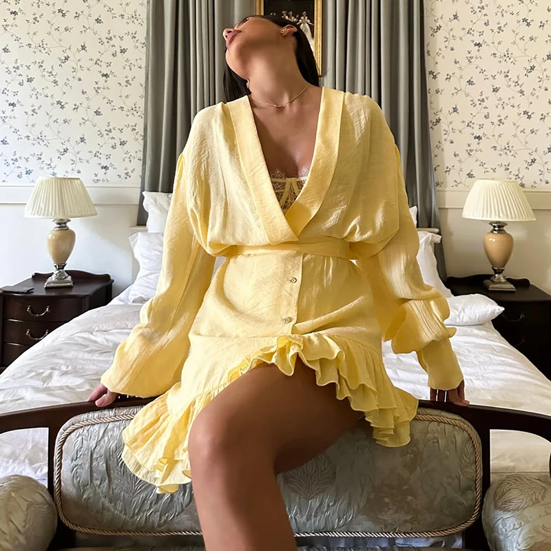 

Ticketsx Pleated Ruffled Dress Women's Solid V Neck Long Sleeve Single Breasted Mini Dress Female Fashion Elegant Party Dresses