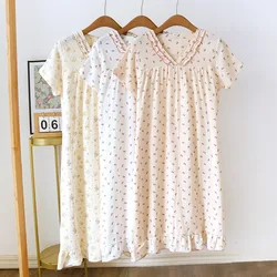 Korean Style Sleepwear Womens Nightgown Floral Night Dress Summer Lace V-neck Pullover Sleep Nightwear Ruffles Pajamas Short Sle