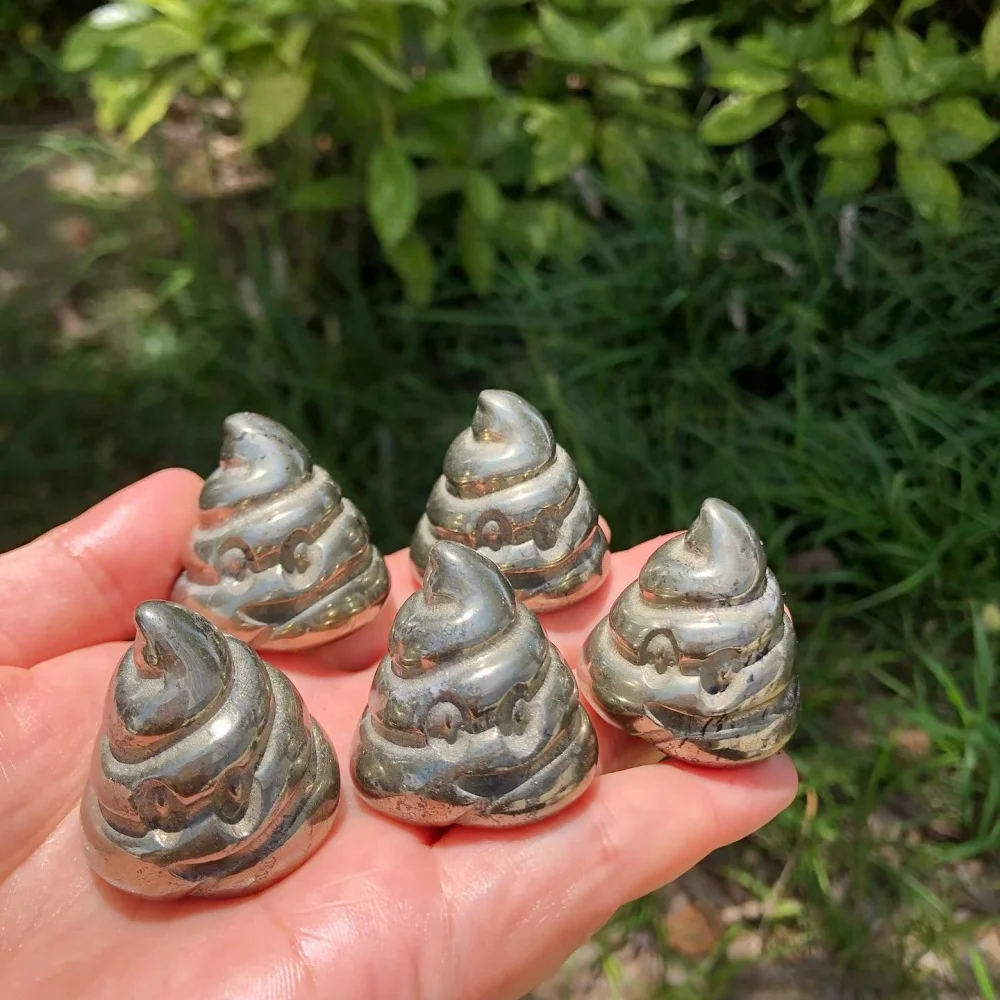 2pcs Natural Pyrite Hand Carved Cartoon Poop Figurine Wealth Attraction Crystal Stone Funny Novelty Desktop Decor Gift