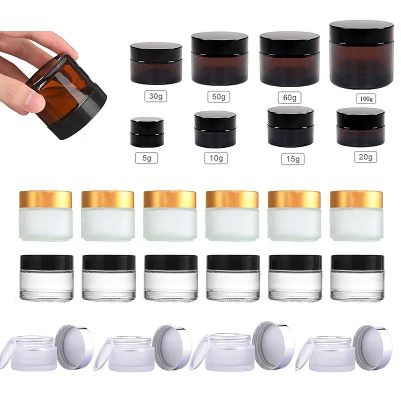 5g/10g/20g/30g/50g Amber Round Glass Jars Pots With Inner Liners & Lids Vials For Lip Balm Lotion Cream Eye shadow Nail Powders