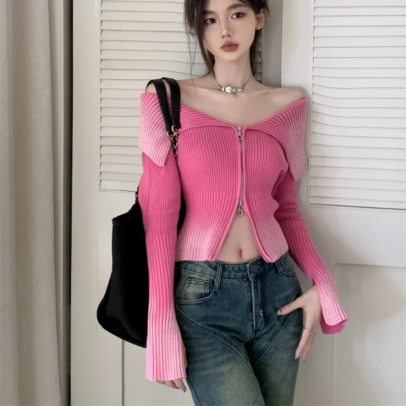 Gagaok Sweaters New Autumn Winter Vertical Stripe Zipper Cardigan Knit Sweater Female Sexy Spicy Girl Off The Shoulder Slim Top