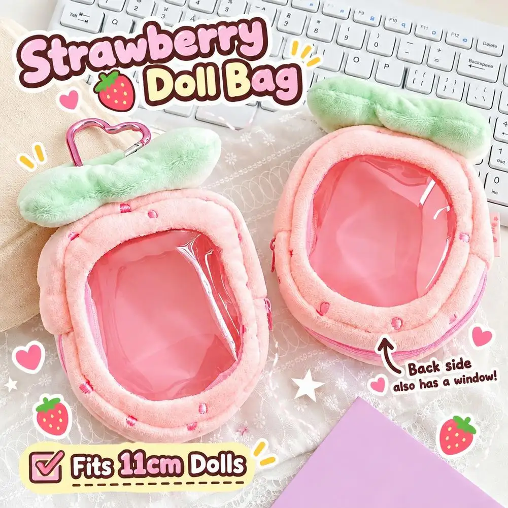 Pink Strawberry Plush Pouch Bag With Clear Window Kawaii Transparent Bag PVC Doll Storage Case Mini Display Bag Coin Pouch Bag