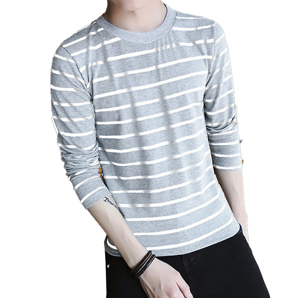 Trendy Mens Crew Neck T Shirt Stripe Long Sleeve Tops Blouse for Sports and Everyday Wear White/Black/Red/Gray