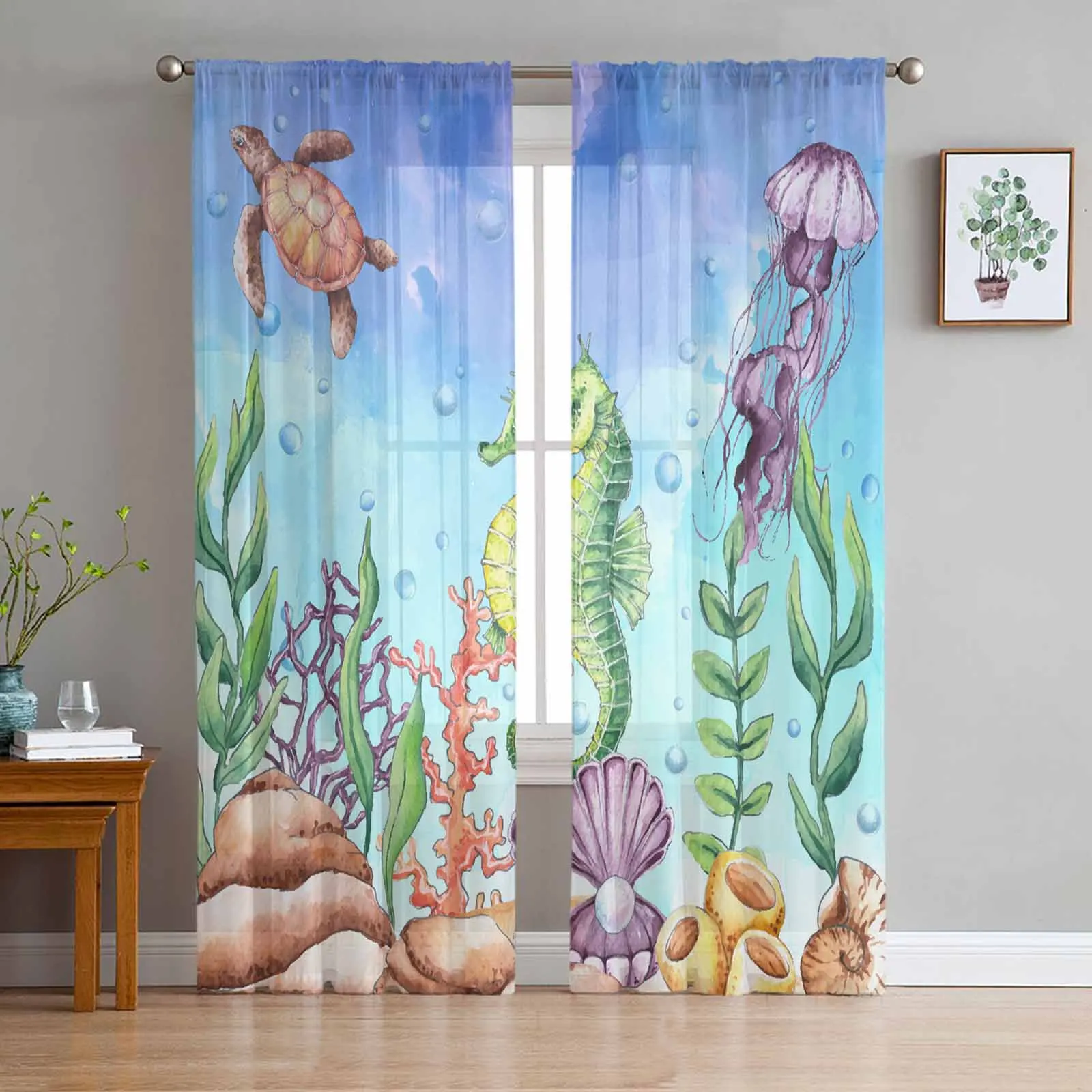 Marine Turtle Seahorses Pearls Shells Corals Tulle Voile Curtains for Bedroom Living Room Window Curtain Sheer Organza Drapes