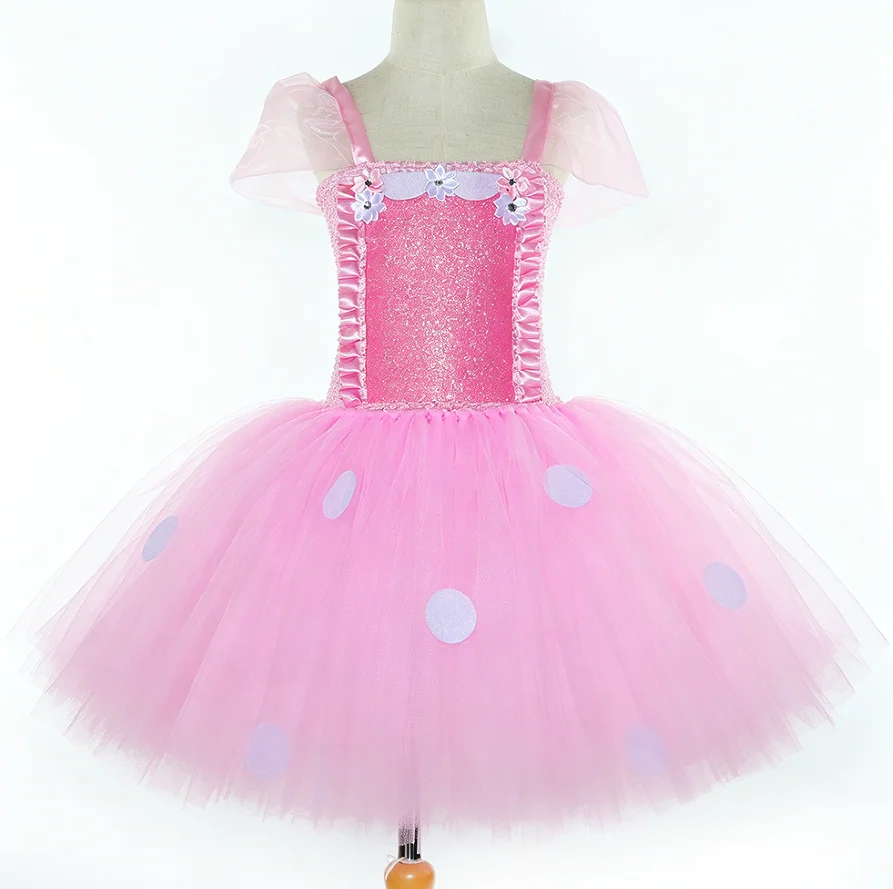 Cartoon Sweet Princess Pink Sparkly Polka Dot Decoration Tulle TutuDress With Cute Headband Set Holiday Birthday Party Fancy Set
