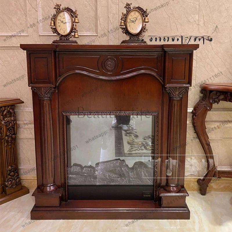 Customizable 1.1 Meters European Solid Wood Fireplace Frame Carved Electric Fireplace Cabinet Decorative Heating Simulation Fire