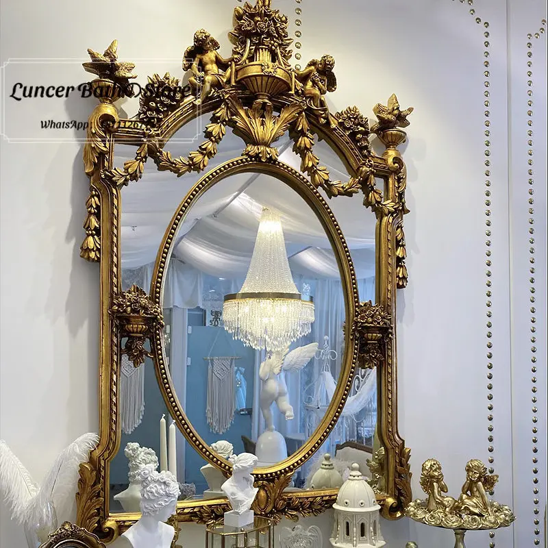 Baroque Carved Vintage Mirror, French European Art Wall Mirror for Fireplace, Bathroom, Villa Decor