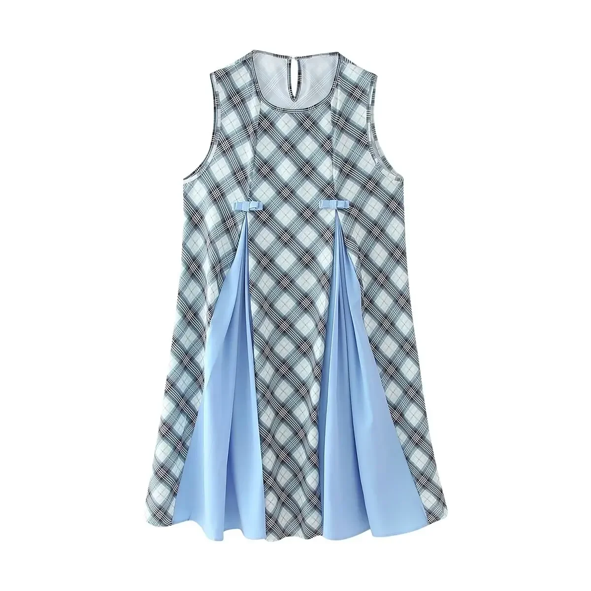 

Women's 2024 New Fashion Temperament Joker Plaid Bow Decorative Pleated Dress Retro O-neck Sleeveless Dress Vestidos Mujer