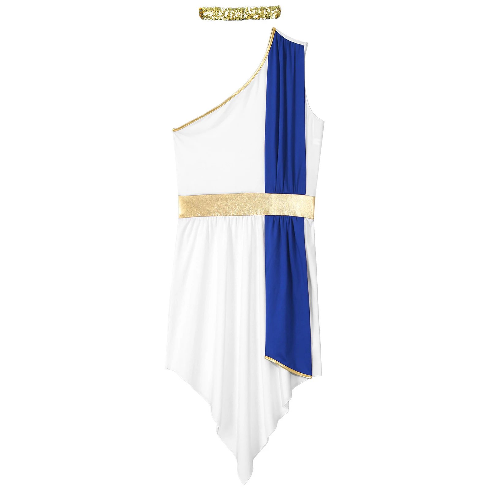 Mens Ancien Greek Roman Toga Costume Athenian Role Play Color Block One Shoulder Irregular Hem Tunic Robes with Sequin Headband