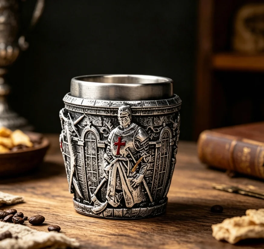 Vintage Medieval Warrior Relief Drinking Cup Resin Outer Stainless‑Steel Liner Mug for Bar Party Home Decoration Collectible