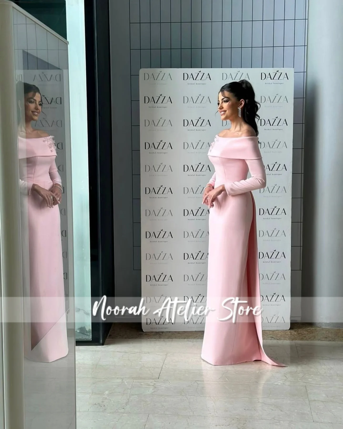 فساتين سهرة جديدة أنيقة على شكل قارب وردي وأكمام طويلة في دبي 2025 فستان زفاف للحفلات الراقصة فستان رسمي من Fساتين