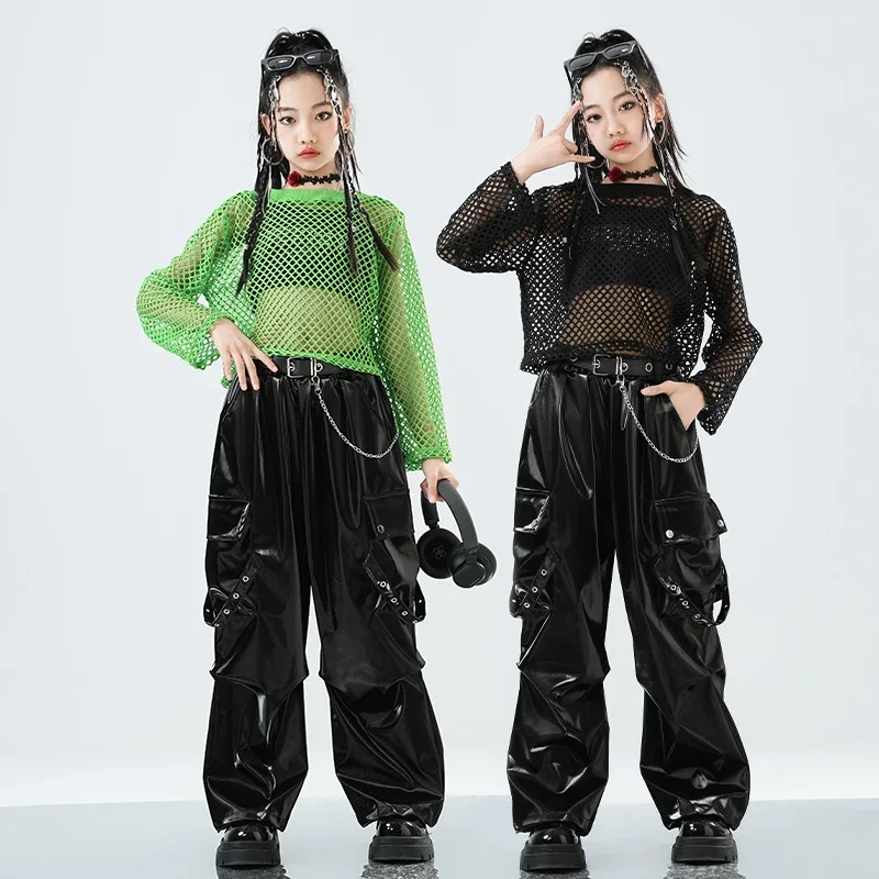 소녀 k-pop 메쉬 운동복 스트리트 댄스 카고 바지 십대 힙합 streetwear 어린이 어린이 재즈 반짝 이는 의상 의류 세트