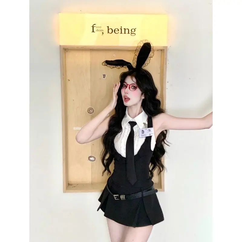 Summer Sexy Preppy Style Two Piece Set Women Sweet Solid Tops + Mini Strap Black Dress Female Fashion Y2k Lolita Dress Set New