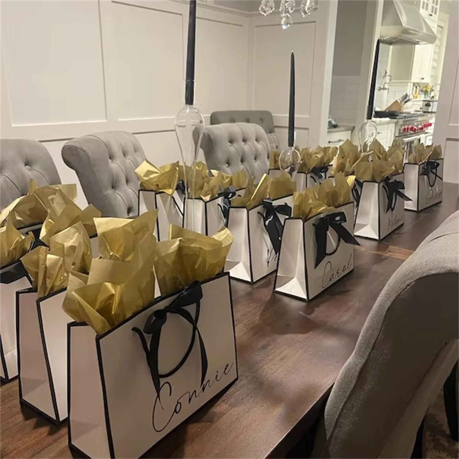 Chic Black and Gold Wedding Welcome Bag with satin ribbon handles and your names - Welcome to Our Wedding - Elegant favors for g view 5