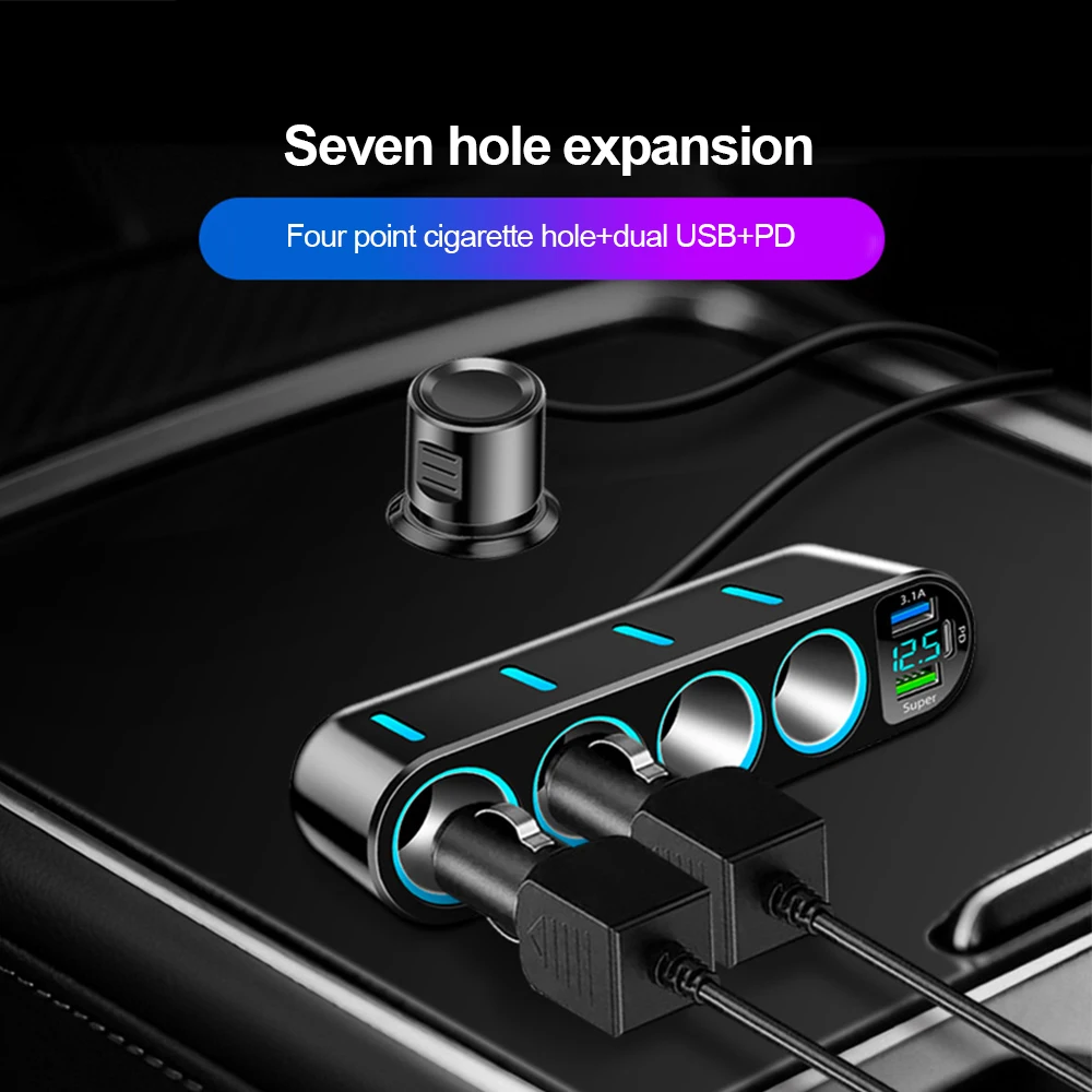 

7-In-1 Car Charger with Digital Display 4 Cigarette Lighter Sockets & Dual Usb Pd Ports 66W Multifunctional Vehicle Charger