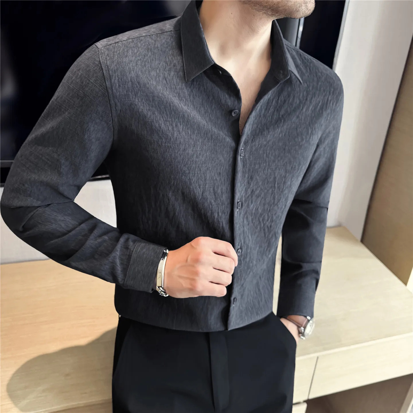 Autumn Winter Pleated Striped Shirt for Men Breathable Slim Long Sleeved Shirts Business Casual Dress Shirt Men Clothing 2025