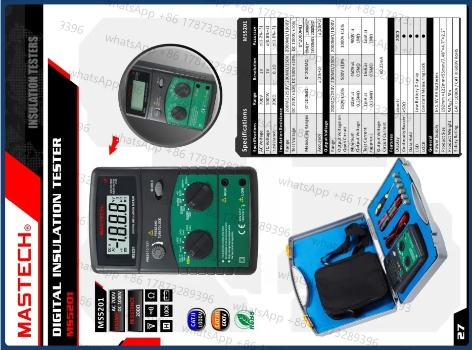 MASTECH MS5201 DIGITAL INSULATION TESTER 250V~1000V 2.5mA 2000M ohm Resistance and Continuity Test DC/AC Voltage