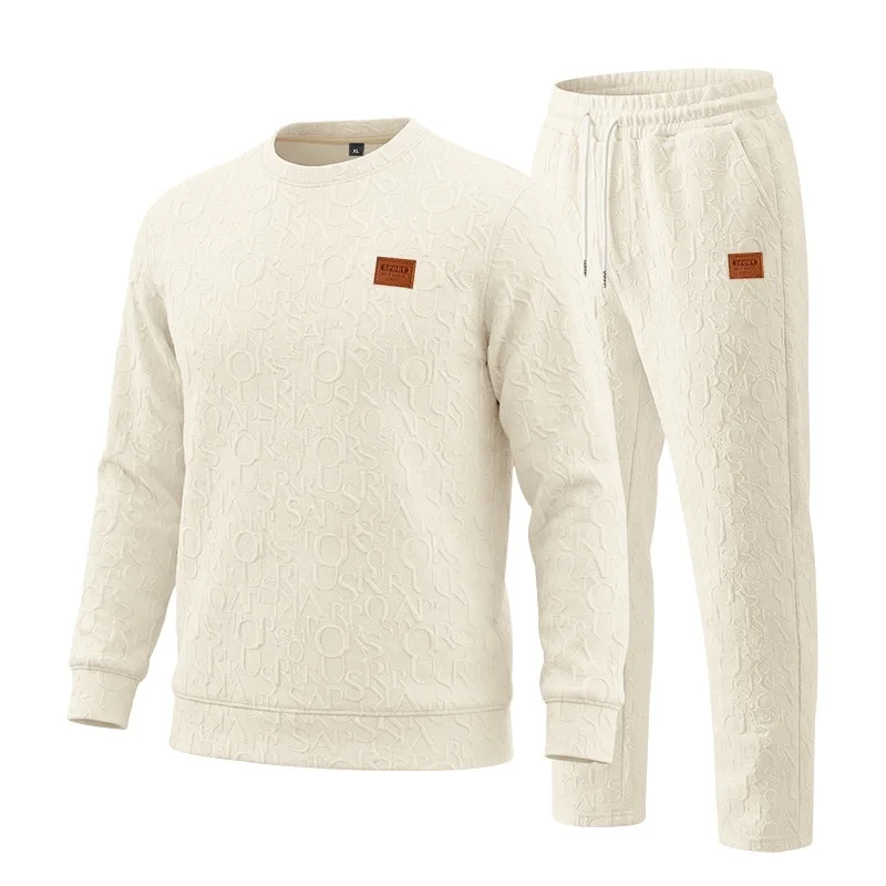2026 Cross-border Spring and Autumn Men's Texture Pattern Set, Embossed Letter Crew Neck Sweater Pants Set, Large Size Wholesale