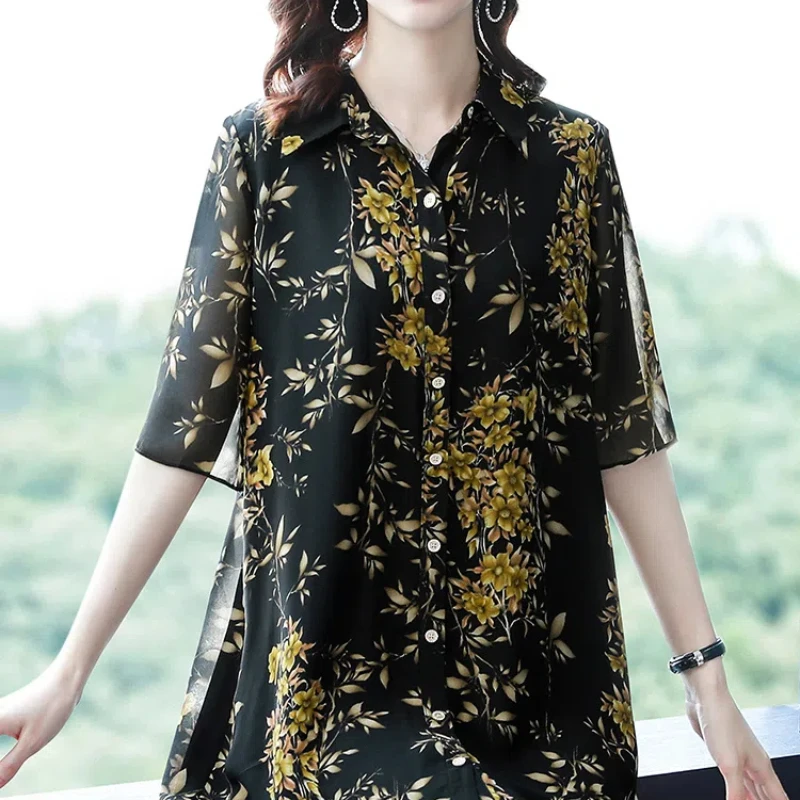 Korean Fashion Summer New Women\'s Polo-Neck Printing Single Breasted Temperament Loose Short Sleeve Mid-length Chiffon Shirt Top