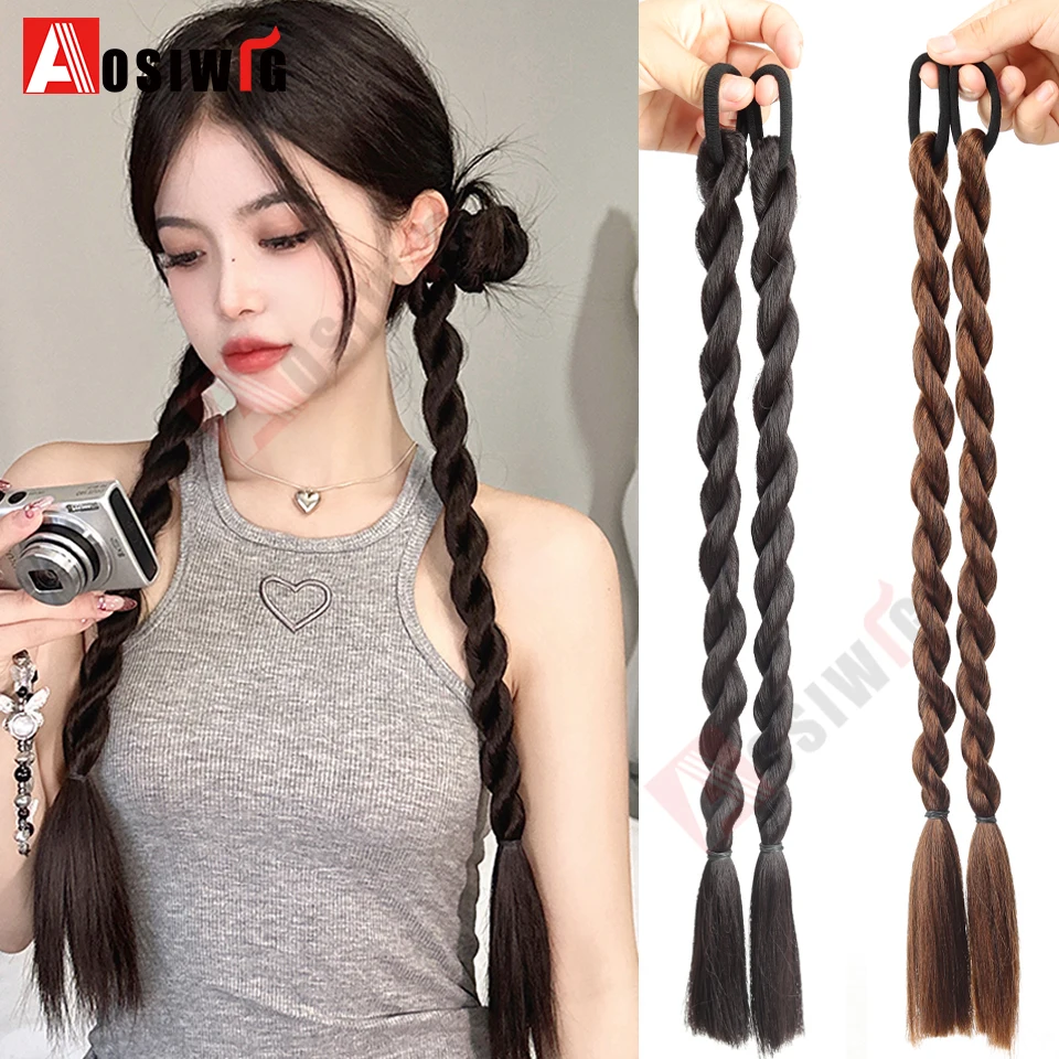 

18inch Synthetic Long Braided Twist Braids ponytail Hair Extension Black Natural Wig Ponytail Hair Band Rubber Band Women's Wig