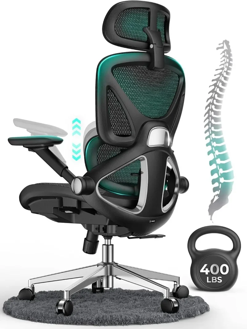 CAPOT Ergonomic Mesh Office Chair, Adjustable Lumbar High Back Desk Chair 400lbs, 4D Flip-up Arms, 3-Level Tilt Backrest