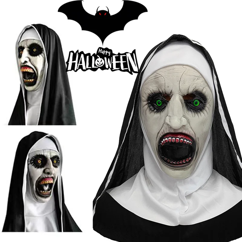 

Маска монахини ужасов, страшный кровавый демон, призрачное лицо, латексные маски с платком, костюм для Хэллоуина, ужасающий дизайн