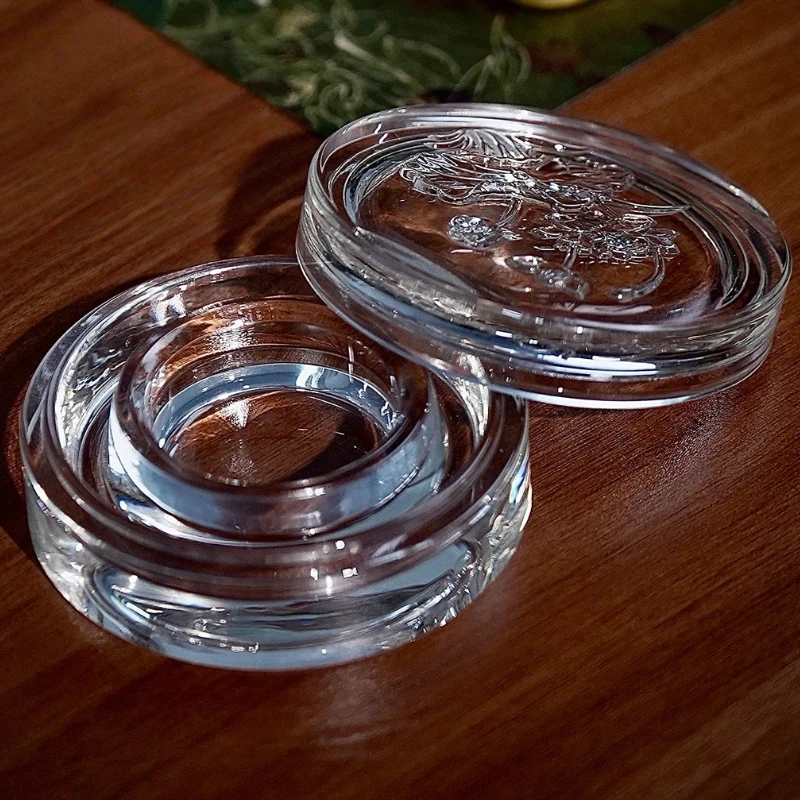Transparent Glass Hot Pot Inkstone Lotus Relief Pattern Covered Moisturizing Ink Dish For Chinese Calligraphy Painting Supplies