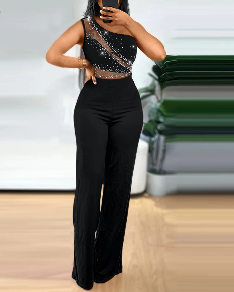 Jumpsuit Women 2025 Spring New Fashion Rhinestone Skew Neck Sleeveless Jumpsuit Sheer Mesh Elegant Plain Daily Overalls