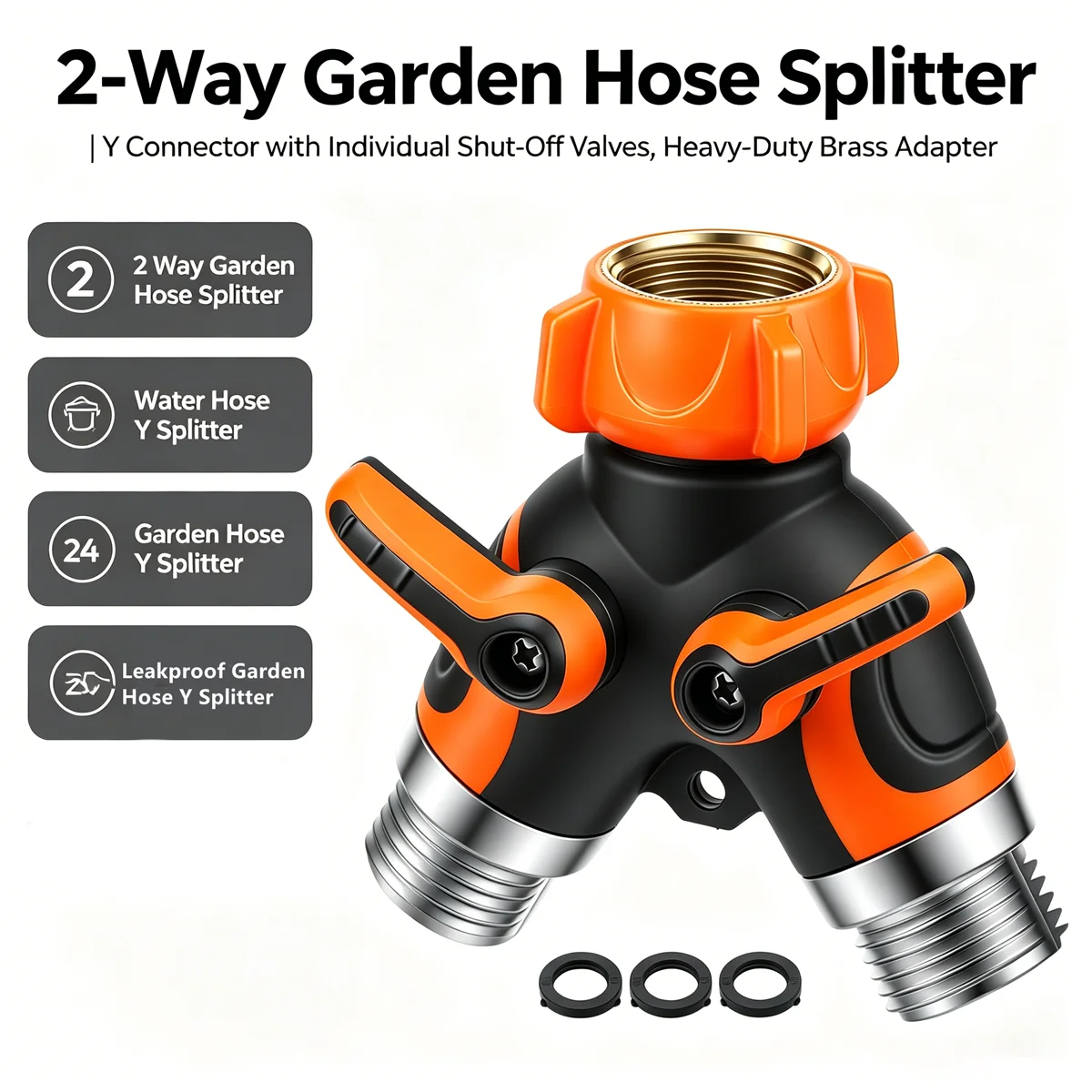 

3/4" GHT 2 Way Garden Hose Y Splitter Dual Independent Shut Off Valves Heavy Duty Water Faucet Connector Leakproof with Washers