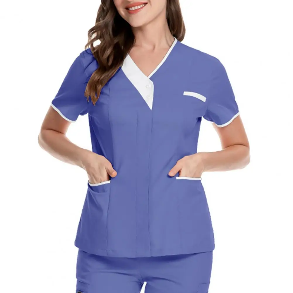 Nurse Uniform Scrubs Tops Women V-neck Short Sleeve Pockets Pullover Uniforms Patchwork Color Nursing Working Tops