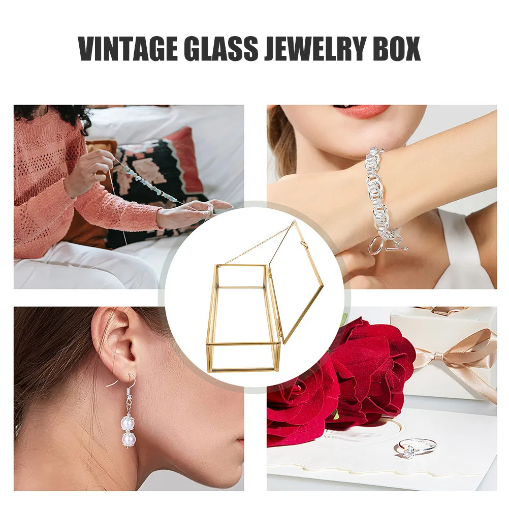 Vintage Rectangle Glass Jewelry Box Lidded Display Case Compact Clear Organizer Storage for Rings Bracelets Trinket Home Decor