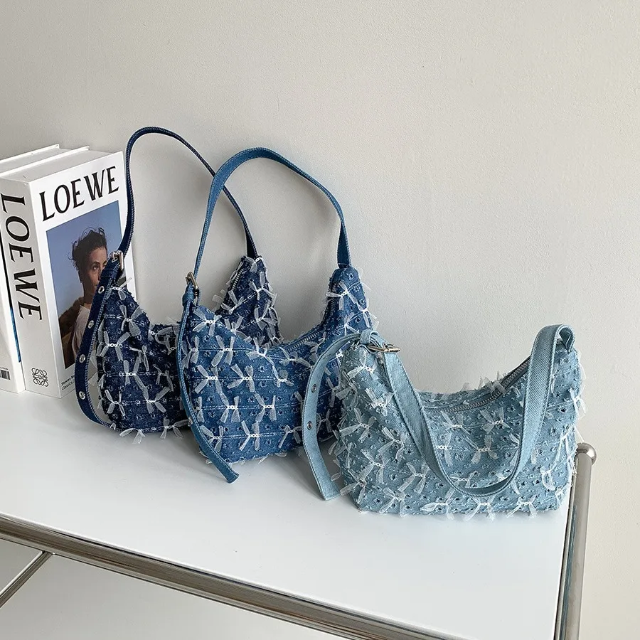 

Vintage Lace Shoulder Bags Large Capacity Denim Tote Bags For Women Summer Commuter Handbags Travel Work Bags